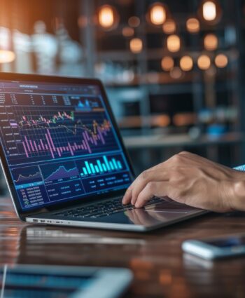 Businessman uses a laptop computer to analyze finance sales statistics, economic growth graph charts, and financial reports, Analytics, and Data Management Systems to create a report.