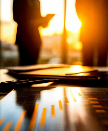 Business professionals silhouette against a sunset, discussing strategies with charts and graphs on a desk, symbolizing growth.